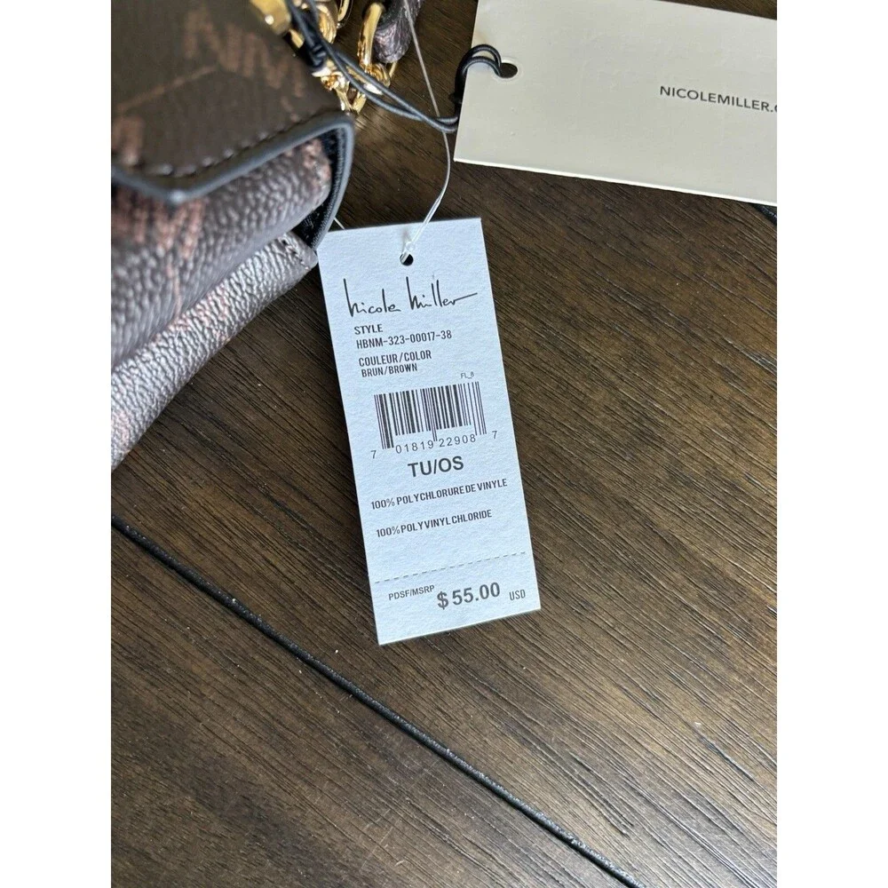 NEW Nicole Miller New York Small Crossbody Chain Purse Brown Mix Logo Pattern